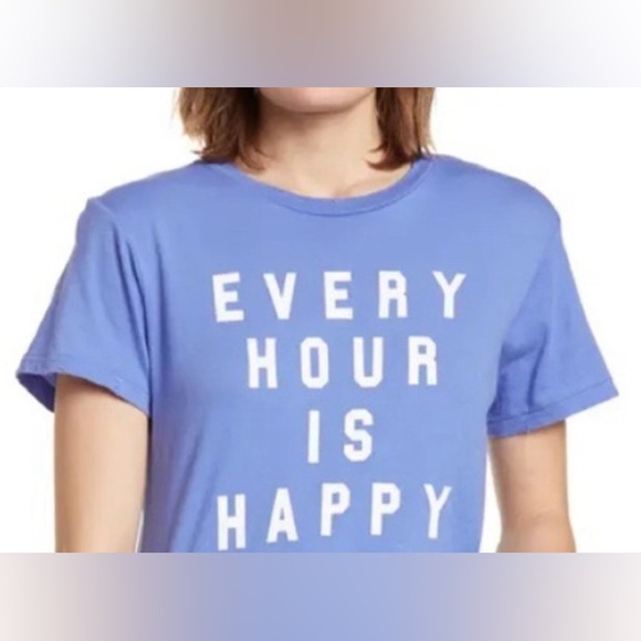 WILDFOX Every Hour is Happy Graphic Shirt Crop Happiness Statement Top Indigo M - Picture 2 of 11
